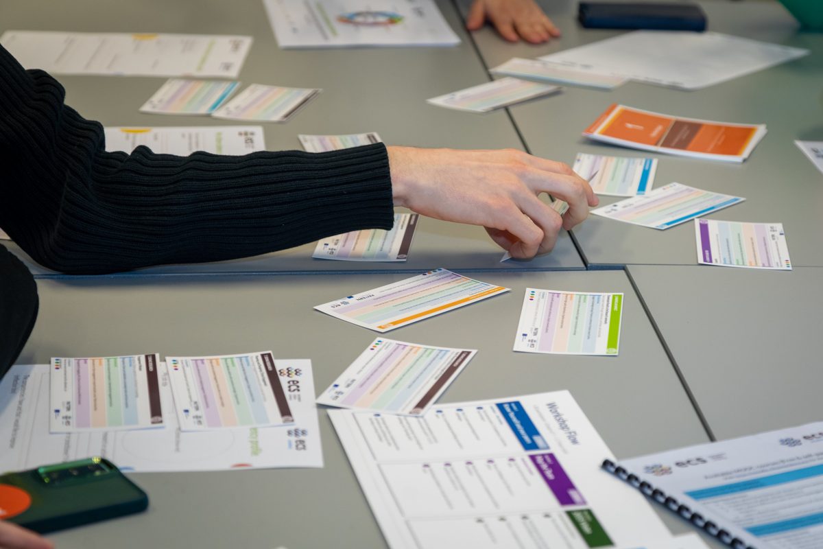 Workshop participants working with CitSciComp competency cards