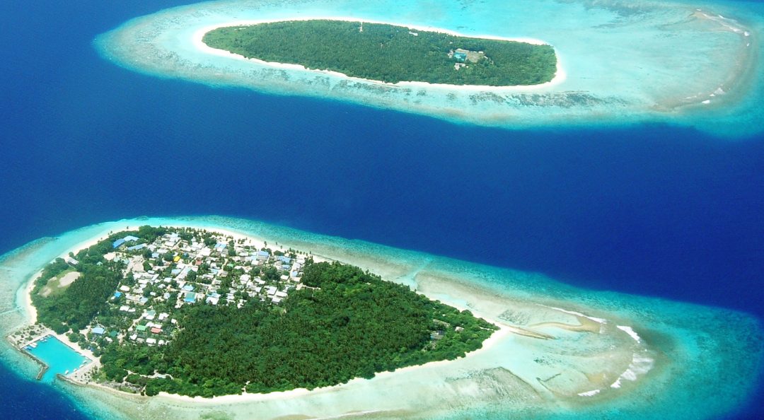 Aerial view of an island archipelago